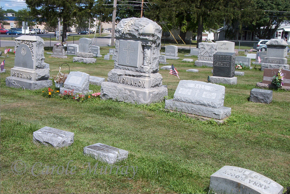 The McMahon monument in the Immaculate Conception Catholic Cemtery, Lyme Township, Huron County, Ohio -- with the stones of Larry's great grandparents, Patrick and Catherine (McCARTNEY) McMAHON in the