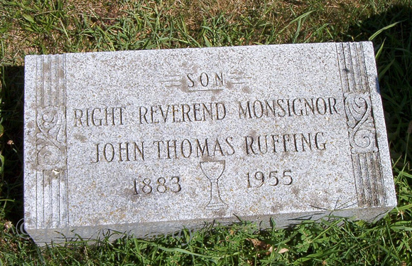 The grave of the Right Reverend Monsignor John Thomas RUFFING (1883 - 1955).  This grave can be found in the Immaculate Conception Catholic Cemetery in Lyme Township, Huron County, Ohio.