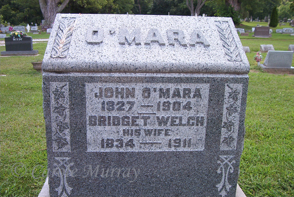 This is the grave of John O'MARA (June 1827 - 1904) and Bridget (WELCH) O'MARA (November 24, 1834 - April 26, 1911).  This grave can be found in St. Anthony's Cemetery, Milan, Erie County, Ohio.