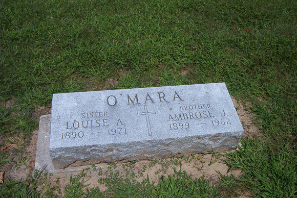 This is the grave of Louise Anna O'MARA (February 16, 1890 - February 20, 1971) and Ambrose James O'MARA (September 9, 1899 - October 7, 1962).  These were children of John and Mary Ann (McCARTNEY) O'