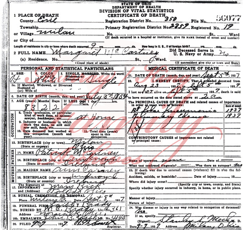 September 5, 1937:  Margaret McCartney death certificate