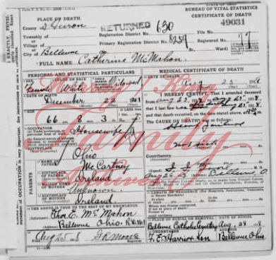 August 25, 1918:  Catherine McCartney McMahon death certificate