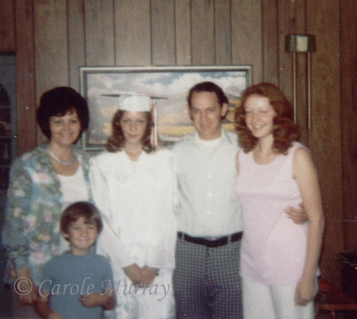 Billy celebrating daughter Carole's graduation from high school.  This is a nice shot of the whole family:  Amma, Kevin, Carole, Billy and Debby. (June 1975)