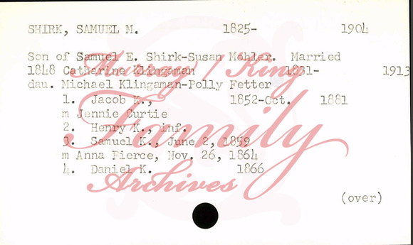 Samuel M. Shirk (1824 - 1903) family card