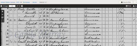 1870:  it looks like Richard Alexander was living in Sevier County, TN with his parents and brother Isaac