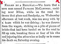 June 10, 1869:  Patrick McCartney newspaper article about death